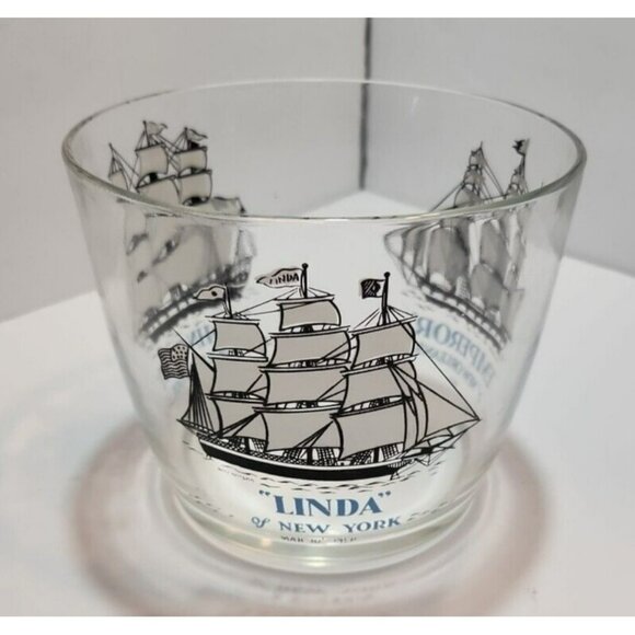 Vtg Hazel Atlas Schooners Blue Glass Ice Bucket & 4 Glasses Long John Silvers - Picture 4 of 16